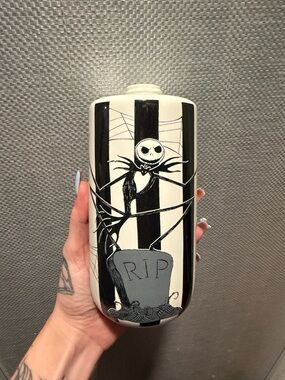 Hand-Painted Jack Skellington Ceramic soap dispenser - Black & White- (no lid)